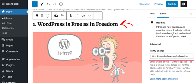 Cómo crear una tabla de contenido en publicaciones y páginas de WordPress Debe crear un atributo de anclaje HTML para cada encabezado