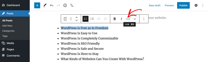 Cómo crear una tabla de contenido en publicaciones y páginas de WordPress Resalte el encabezado y haga clic en el icono de enlace
