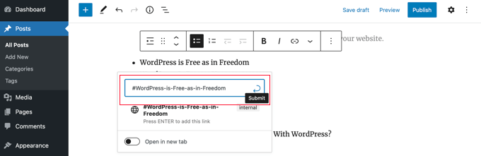 Cómo crear una tabla de contenido en publicaciones y páginas de WordPress Escriba un hashtag y luego el texto de anclaje