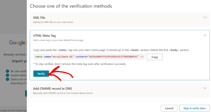 Cómo agregar su sitio web a Bing Webmaster Tools Verifique su sitio después de ingresar la metaetiqueta