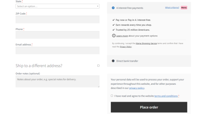 Agregue Klarna Payments a WordPress (2 formas fáciles) Ver el método de pago de Klarna al finalizar la compra