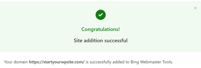 Cómo agregar su sitio web a Bing Webmaster Tools Ver mensaje de verificación exitosa