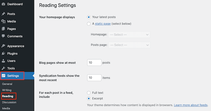 La página de configuración de WordPress