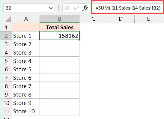 ¿Cómo sumar varias hojas en Excel? (Fórmula de SUMA 3D) Valor de suma 3D en la hoja de resumen