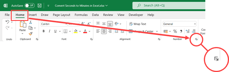 Convertir segundos a minutos en Excel (fórmula simple) Haga clic en el iniciador del cuadro de diálogo