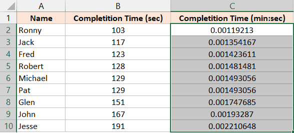 Convertir segundos a minutos en Excel (fórmula simple) Copie la fórmula para todas las celdas.