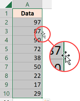 El cursor cambia cuando selecciona los datos y coloca el cursor en el borde