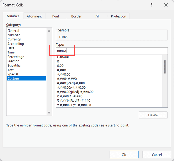 Convertir segundos a minutos en Excel (fórmula simple) Escriba mmss en el campo