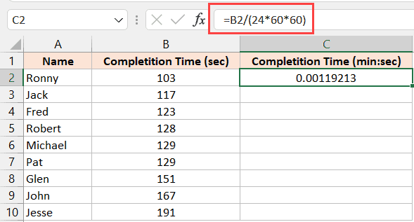 Convertir segundos a minutos en Excel (fórmula simple) Ingrese la fórmula en la celda B2. en