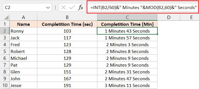 Convertir segundos a minutos en Excel (fórmula simple) Fórmula INT MOD para convertir segundos a minutos