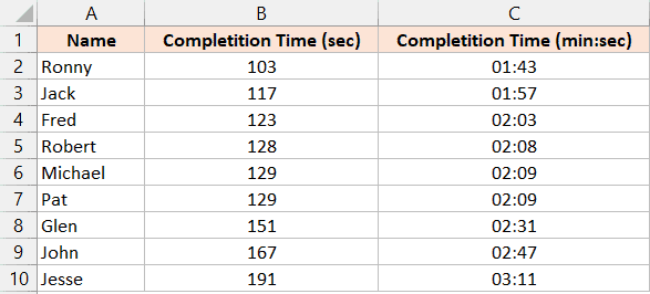 Convertir segundos a minutos en Excel (fórmula simple) Resultado mostrado en minutos y segundos