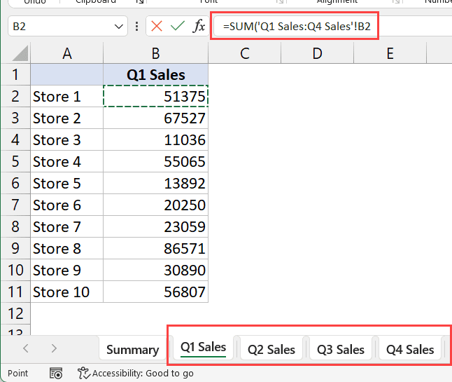 ¿Cómo sumar varias hojas en Excel? (Fórmula de SUMA 3D) Seleccione la celda B2