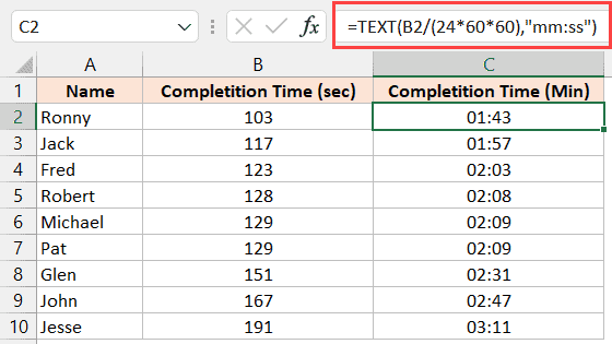 Convertir segundos a minutos en Excel (fórmula simple) Fórmula de TEXTO para convertir segundos a minutos