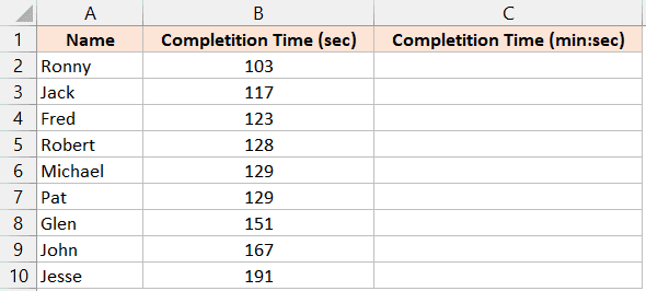 Convertir segundos a minutos en Excel (fórmula simple) Conjunto de datos de tiempo con valores en segundos