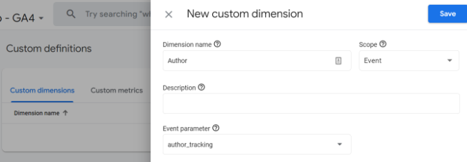 Habilitar seguimiento de autor en WordPress Ingrese los detalles de la dimensión ga4 . en
