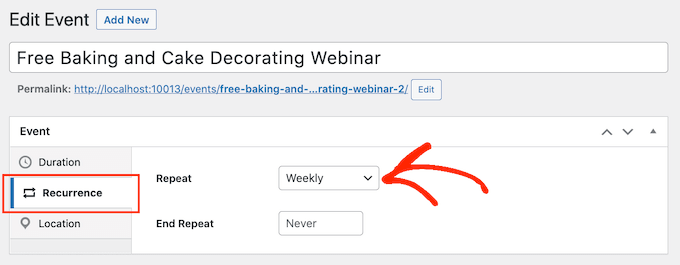 Crear un evento repetitivo en WordPress