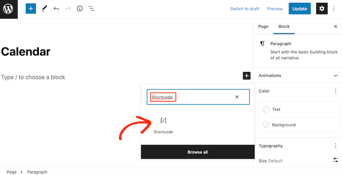 Agregar un bloque de shortcode a una página o publicación