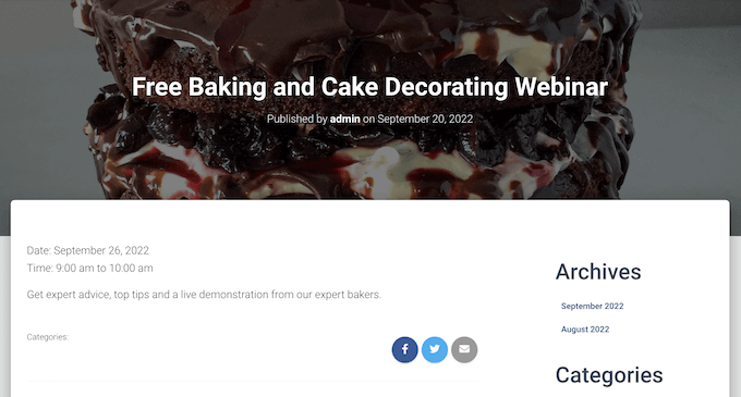 Una página de evento de seminario web, creada con Sugar Calendar