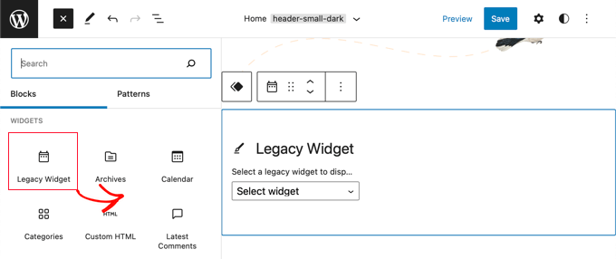 Convertir un widget de WordPress en un bloque (paso a paso) El widget heredado ahora está disponible en el editor de sitio completo