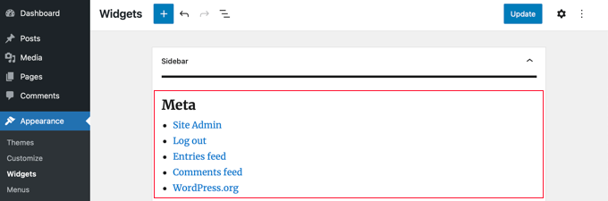 Convertir un widget de WordPress en un bloque (paso a paso) El widget heredado se ha agregado a la barra lateral.