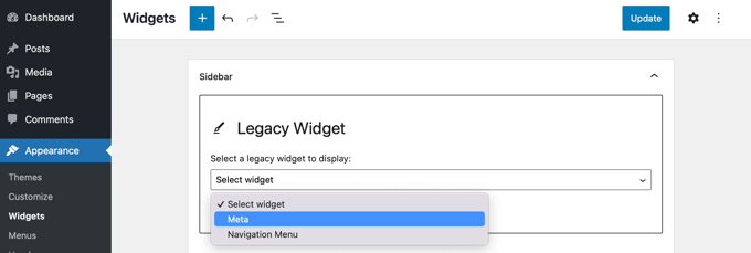 Convertir un widget de WordPress en un bloque (paso a paso) Seleccione el widget que desee del menú desplegable