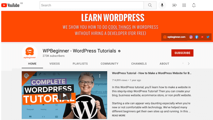 El canal de YouTube de WPBeginner
