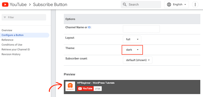 Cómo agregar un botón de suscripción de YouTube a WordPress con el tema 'oscuro'