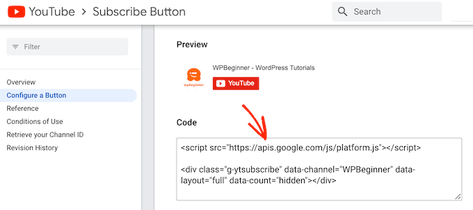 El código de inserción del botón de suscripción de YouTube
