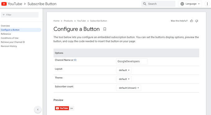 La página del botón de configuración de YouTube