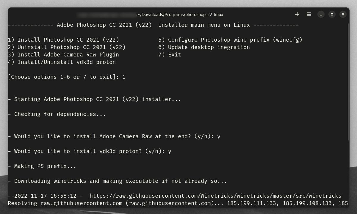 Menú principal Adobe Photoshop CC 2021 para el instalador de Linux en la interfaz de línea de comandos