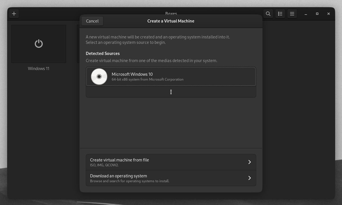 GNOME Boxes Crea una ventana para una máquina virtual
