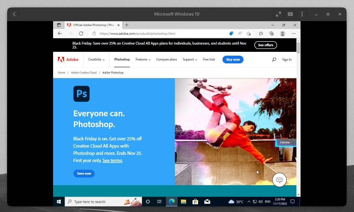 Página web de Microsoft Edge Adobe Photoshop en una máquina virtual con Windows 10