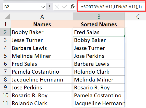 Función ORDENAR POR para ordenar por longitud en Excel