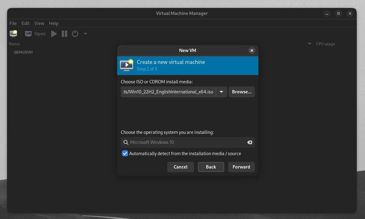 Virt-manager Nueva ventana de VM con configuración de VM de Windows 10