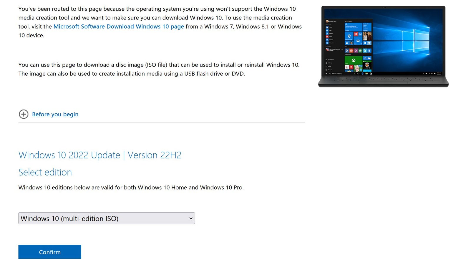 Página de descarga ISO de Windows 10