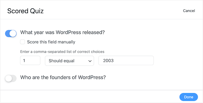 Cómo crear fácilmente un cuestionario en WordPress Establecer las respuestas correctas para una prueba en línea