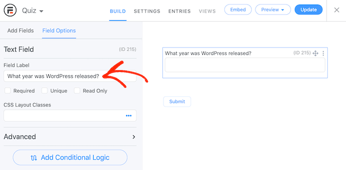 Cómo crear fácilmente un cuestionario en WordPress Crear una pregunta de texto simple