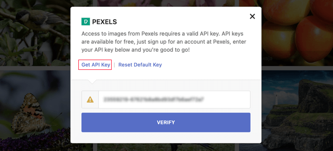 Para buscar imágenes en Pexels con Instant Images, necesitas una clave API