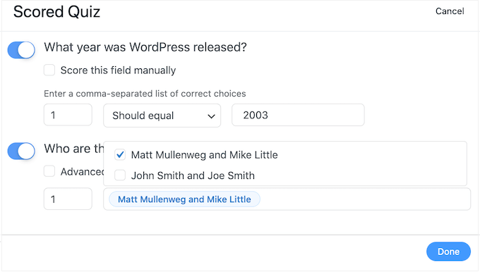 Cómo crear fácilmente un cuestionario en WordPress Establecer las respuestas correctas para un examen en línea