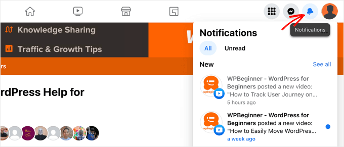 El área de notificación de Facebook