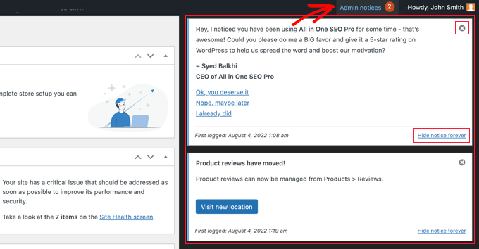 Ejemplo del Centro de mensajes de WordPress