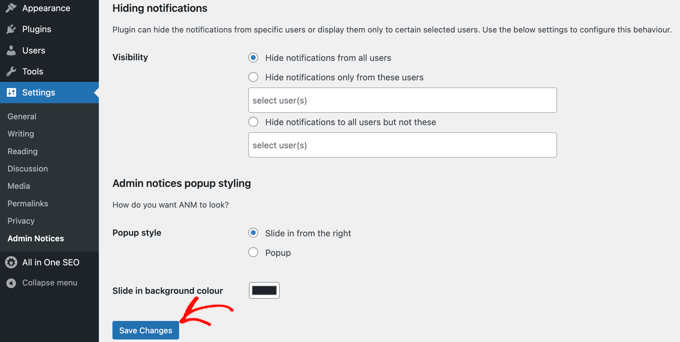 Más configuraciones de notificación de administrador