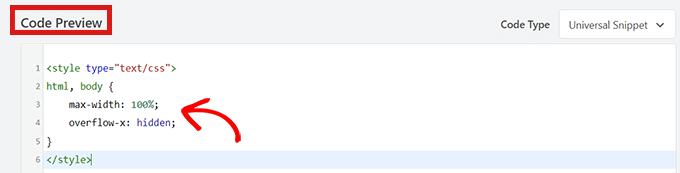 Cómo deshabilitar el desbordamiento en WordPress (eliminar el desplazamiento horizontal) Pegue su código CSS en WPCode