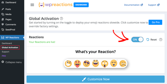 Cómo agregar botones de comentarios de WordPress para aumentar el compromiso Coloque el interruptor de reacción en la posición ON