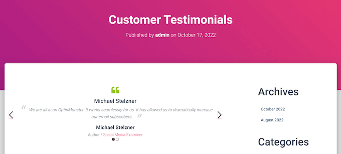 Cómo agregar testimonios rotativos en WordPress (3 formas) Testimonio de un cliente diferente creado con un complemento gratuito