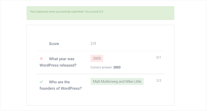 Cómo crear fácilmente un cuestionario en WordPress Mostrar las respuestas correctas a los clientes.
