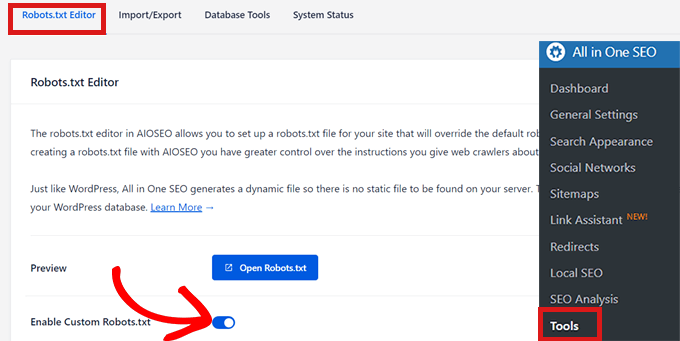 Cómo ocultar fácilmente archivos PDF (Noindex) en WordPress Habilite el botón Habilitar Robots.txt personalizados