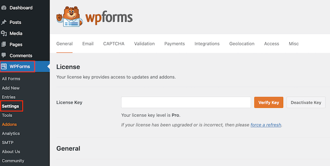 Clave de licencia de WPForms Ingrese la clave de licencia de WPForms