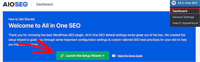 Guía para principiantes: uso de Rich Snippets en WordPress El panel de AIOSEO inicia el asistente de instalación