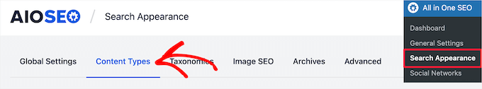 Guía para principiantes: uso de Rich Snippets en WordPress Vaya al formato de búsqueda AIOSEO y haga clic en tipos de contenido